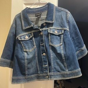Lane Bryant denim jacket with khaki trim